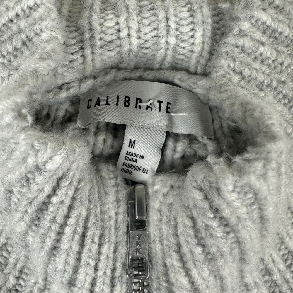 Calibrate Full Zip Sweater Mens Medium Gray Waffle Knit Merino Wool Alpaca Blend